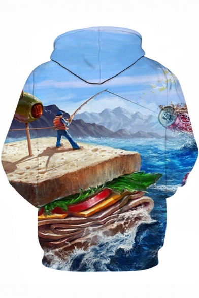 Funny 3D Cartoon Fishing On A Sandwich Long Sleeve Loose Sport Pullover Blue Hoodie