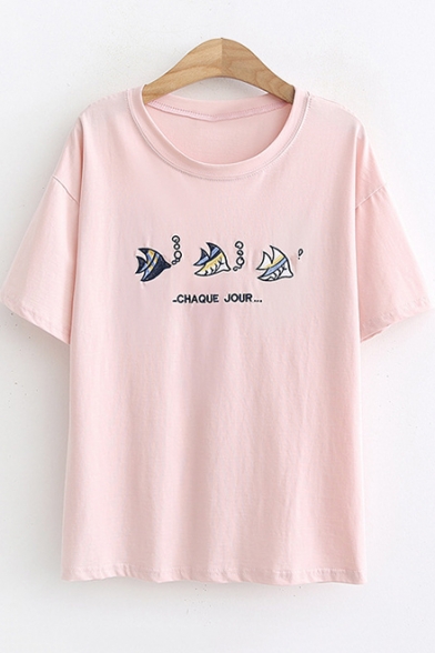 Girls Summer Cartoon Letter Fish Pattern Short Sleeve Round Neck Casual T-Shirt