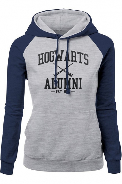 Harry Potter Fashion Letter HOGWARTS Colorblock Long Sleeve Fitted Drawstring Hoodie
