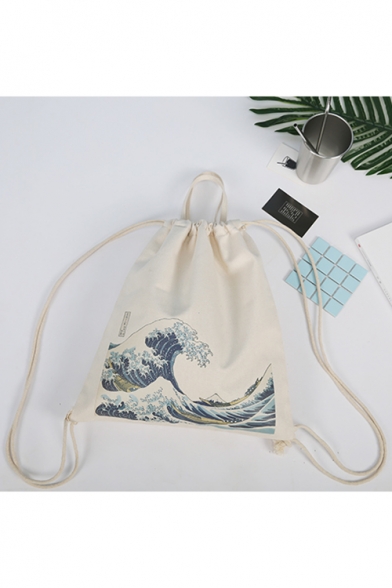 Japan Ukiyoe Surfing Print Drawstring Canvas Shopping Bag Backpack