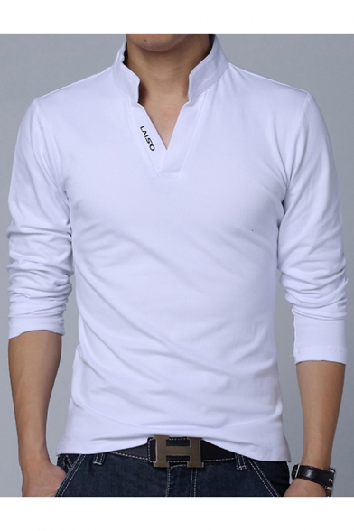 markedsføring lokal fange Men's New Trendy Stand-Collar Letter V-Neck Long Sleeve Regular Fit T-Shirt  - Beautifulhalo.com