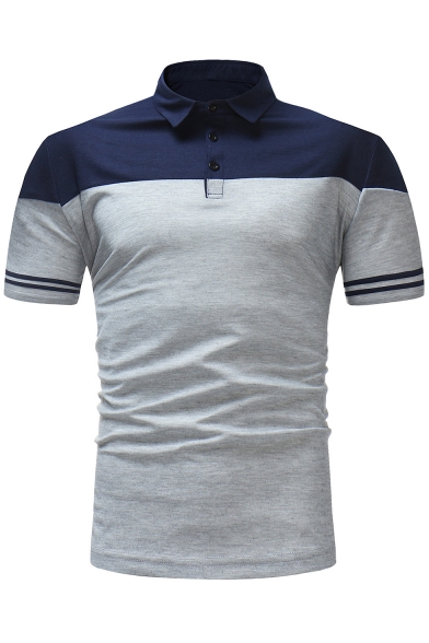 New Trendy Colorblocked Turn-Down Collar Three-Button Short Sleeve Stretch Slim Polo for Men