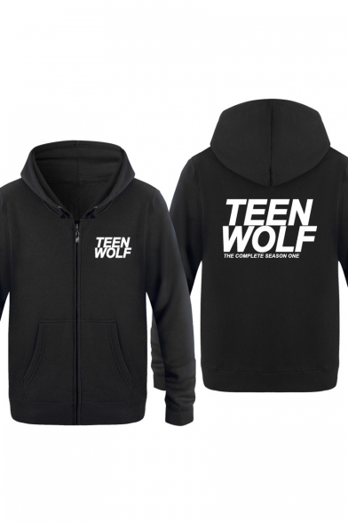 Popular Teen Wolf Letter Printed Basic Zip Up Regular Fitted Hoodie