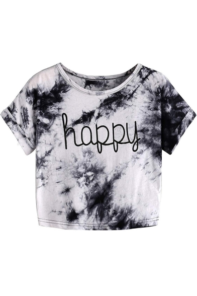 Simple Letter HAPPY Fashion Tie Dye Print Round Neck Short Sleeve White Cropped Tee