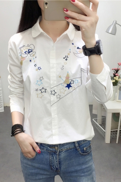 Students Cartoon Star Embroidered Cotton Loose Striped Button Shirt