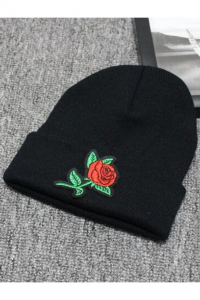Stylish Rose Floral Embroidered Winter Warm Knit Beanie Hat