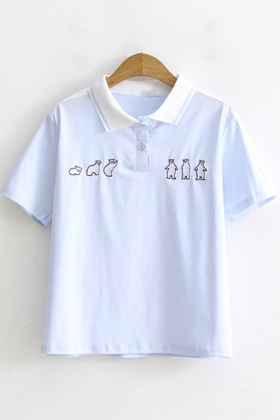 Summer Cartoon Animal Embroidered Striped Short Sleeve Polo Shirt
