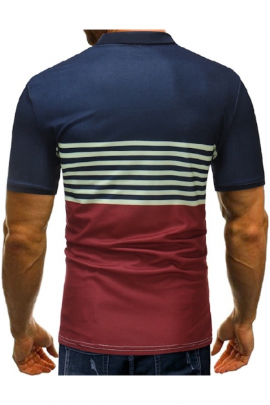Summer Fashion Colorblock Striped Printed Classic Fit Logo Polo for Men