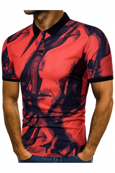 Trendy Chinese Ink Smog Print Short Sleeve Two-Button Slim Fit Polo for Men