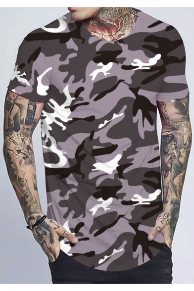 Trendy Grey Camouflage Printed Round Neck Short Sleeve Basic T-Shirt