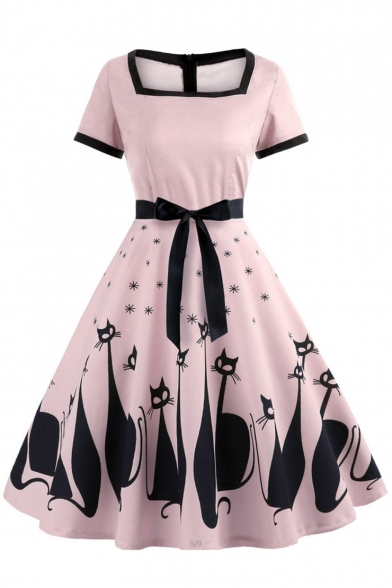 Vintage Square Neck Short Sleeve Zip Back Cartoon Cat Printed Midi Fit and Flared Dress