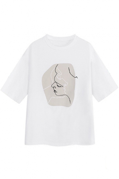 Abstract Art Figure Printed Round Neck Short Sleeve White T-Shirt