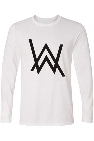Norwegian DJ Simple Double W Logo Printed Basic Crewneck Long Sleeve Men's Loose Fit Cotton T-Shirt