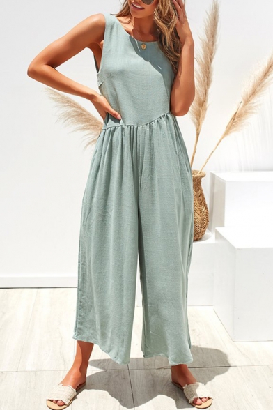 Casual Loose Simple Plain Round Neck Sleeveless Backless Leisure Jumpsuits