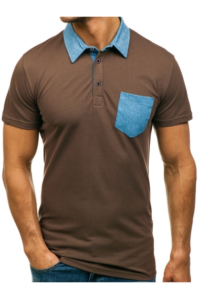 Contrast Collar Denim Patched Pocket Short Sleeve Men's Regular Fit Polo Shirt