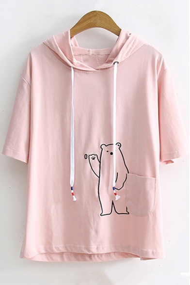 Cute Cartoon Bear Embroidered Pocket Patched Short Sleeve Drawstring Hooded T-Shirt