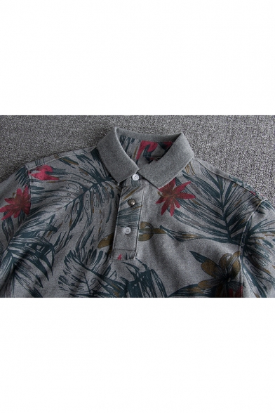 Men's Summer Retro Plants Floral Printed Grey Casual Polo Shirt