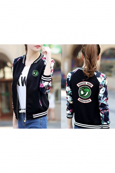 Popular Snake Logo Print Floral Long Sleeve Stand Collar Zip Up Baseball Jacket