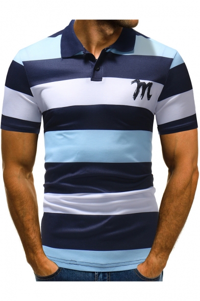 Simple Letter M Fashion Striped Print Short Sleeve Classic-Fit Polo for Men
