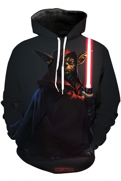 Star Wars Yoda 3D Printed Loose Fit Long Sleeve Black Drawstring Hoodie