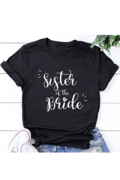 Street Style Letter SISTER OF THE BRIDE Printed Black Short Sleeve T-Shirt