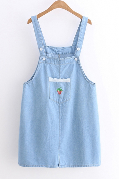 Students Strawberry Embroidered Pocket Patched Mini Overall Denim Dress