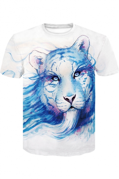 Summer 3D Tiger Painting Round Neck Loose Leisure White Tee