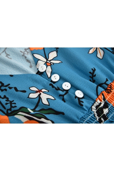 Summer Blue Floral Printed V-Neck Three-Quarter Sleeve Button Front Maxi Boho Dress