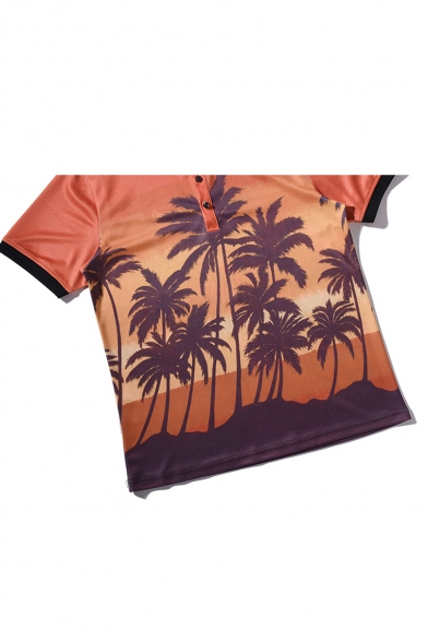 Summer Chic 3D Tropical Coconut Palm Printed Short Sleeve Orange Polo Shirt for Men