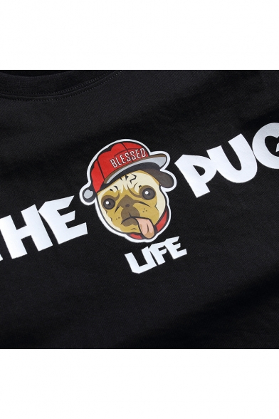 Summer Funny Cartoon Dog Letter THE PUG LIFE Print Loose Fit T-Shirt