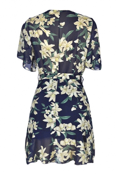 Summer Retro Floral Pattern Short Sleeve V-Neck Tied Waist Mini A-Line Dress