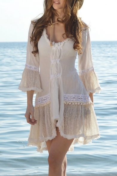Women's Summer New Fashion V-Neck Lace Trimmed White Mini A-Line Beach Dress
