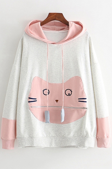 Zip Closure Cartoon Cat Patched Pocket Colorblocked Long Sleeve Casual Hoodie for Juniors