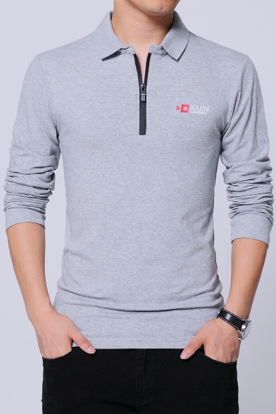 1 New Trendy Simple Letter ADVERTISING Logo Print Long Sleeve Cotton Fitted Polo Shirt for Men