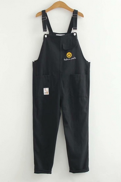 Cartoon Smile Face Embroidered Students Casual Overall Pants