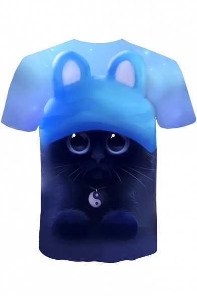 Cute 3D Cartoon Cat Pattern Basic Short Sleeve Round Neck Fitted T-Shirt