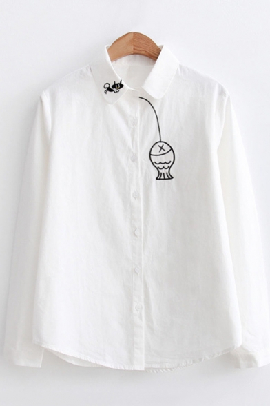 Cute Cartoon Cat Fish Embroidered Long Sleeve Button Down Striped Shirt