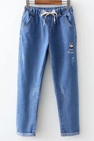 Elastic Drawstring Waist Cartoon Rabbit Embroidered Casual Blue Jeans for Juniors