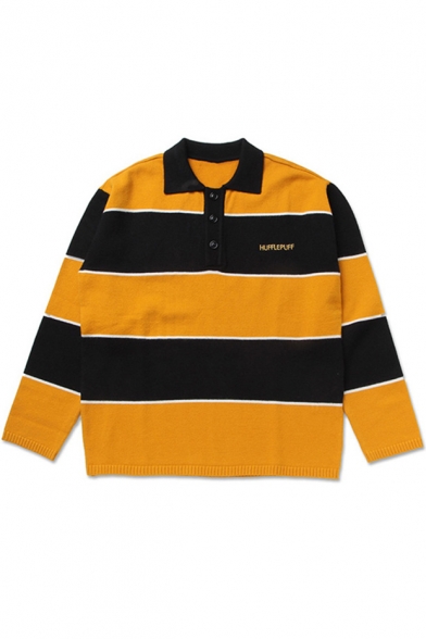 Fashion Striped Printed Polo Collar Long Sleeve Unisex Knit University Sweater