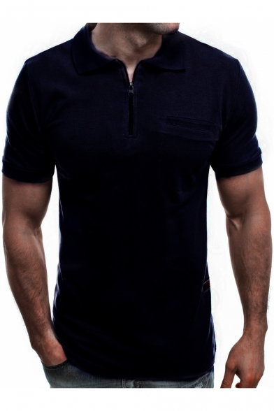 Men's Simple Solid Color Short Sleeve Regular Fit Zip Polo Shirt