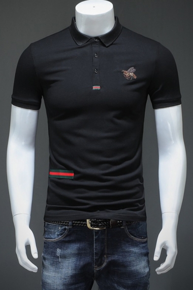 Men Stylish Bee Embroidery Chest Stripe Patched Short Sleeve Cotton Slim-Fit Polo