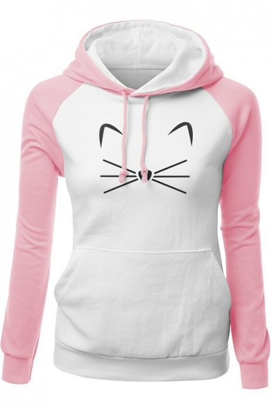 New Stylish Cartoon Cat Print Colorblock Raglan Sleeve Warm Thick Hoodie