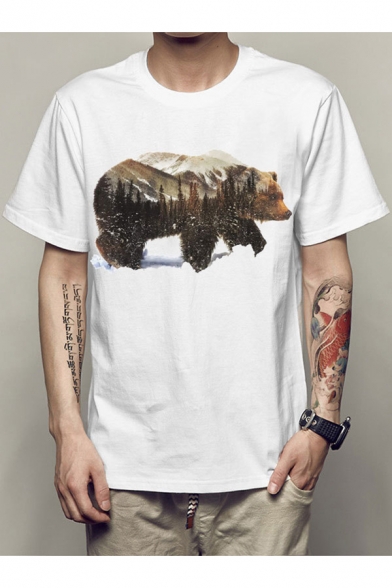 New Trendy Bear Printed Basic Short Sleeve White Loose Fit T-Shirt