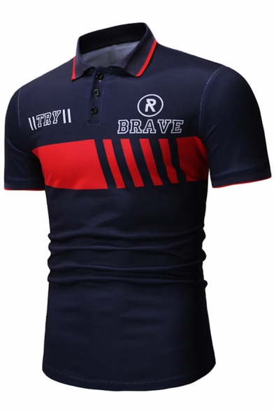 Popular Letter TRY BRAVE Printed Contrast Tipped Mens Summer Slim Fit Polo Shirt