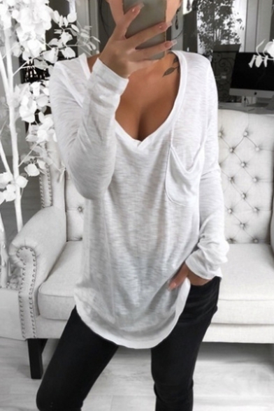 Sexy V-Neck Long Sleeve One Pocket Chest Plain Loose Hipster Casual T-Shirt