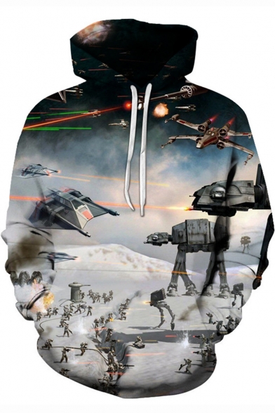 Star Wars Cool 3D Robot Pattern Loose Fit Long Sleeve Pullover White Drawstring Hoodie