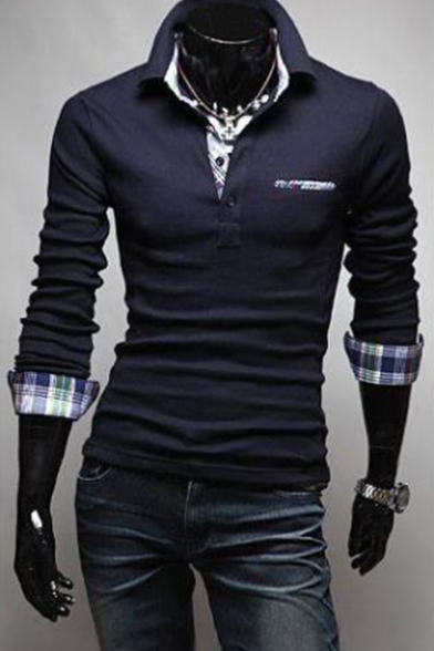 Trendy Plaid Patchwork Long Sleeve Slim Fitted Polo Shirt for Men