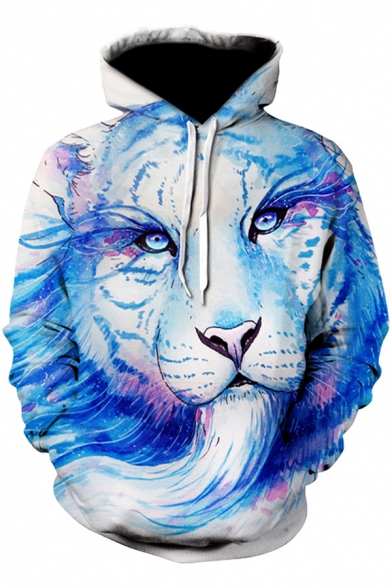 Unique 3D Cool Painting Tiger Long Sleeve Loose Fit Blue Hoodie