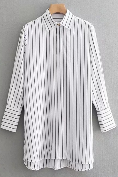 Unique Button Cuff Long Sleeve Loose Fit Longline White Striped Shirt