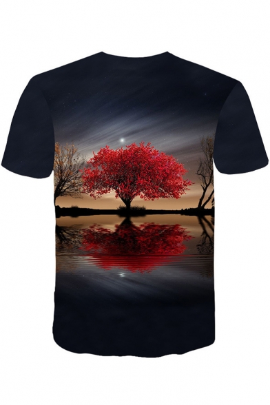3D Big Tree Shadow Pattern Basic Short Sleeve Black T-Shirt